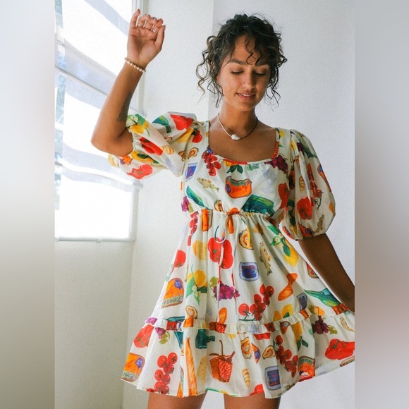 Lisa Says Gah Dresses & Skirts - Lisa Says Gah Cream Mini Dress with Multicolor Fruit & Food Print